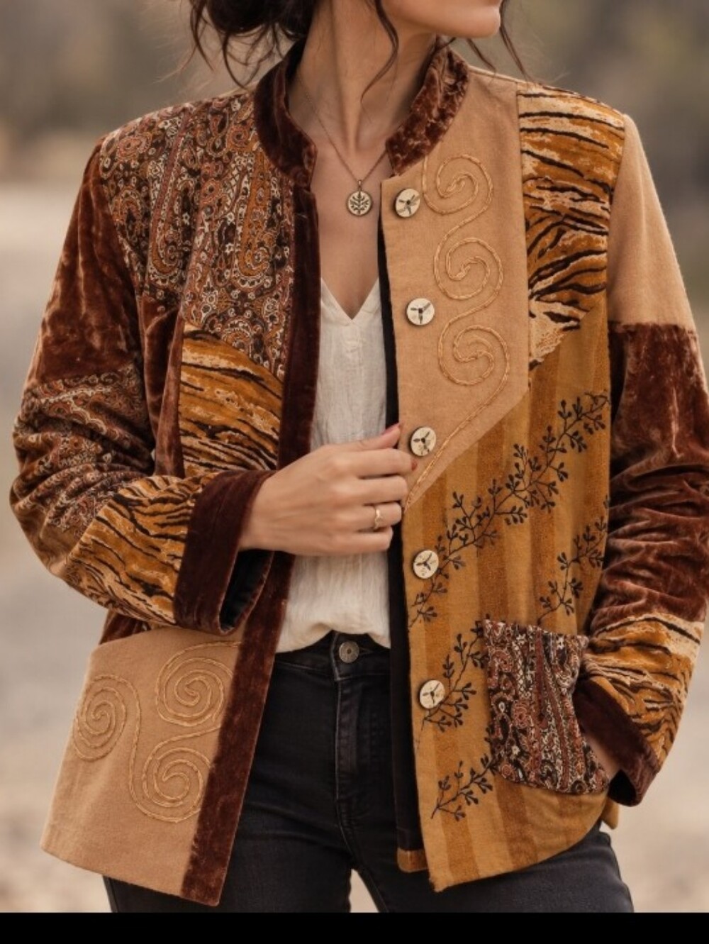 Vintage Indigo Moon Art to Wear Patchwork Velvet Wool Blend Jacket Boho M